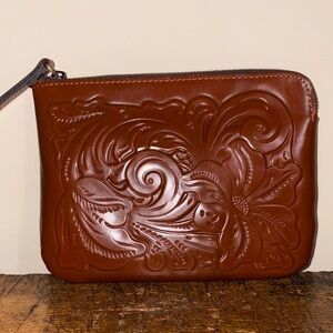 Patricia Nash Embossed Leather Wristlet in Rich Brown